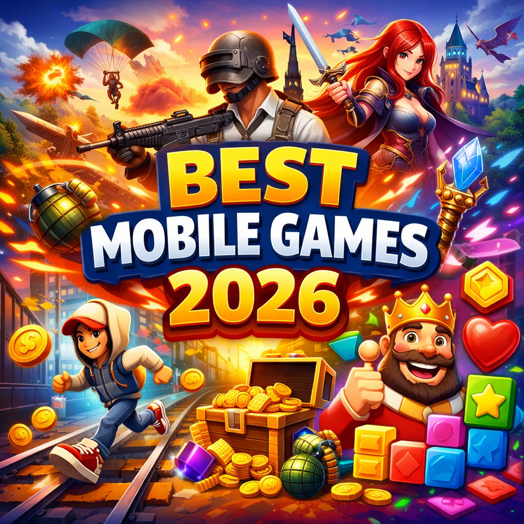 Best Mobile Games 2026 illustration with battle royale, RPG, puzzle and endless runner elements.
