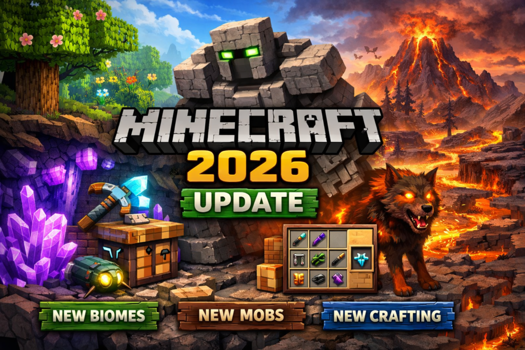 Minecraft 2026 update showing new biomes, mobs, and crafting