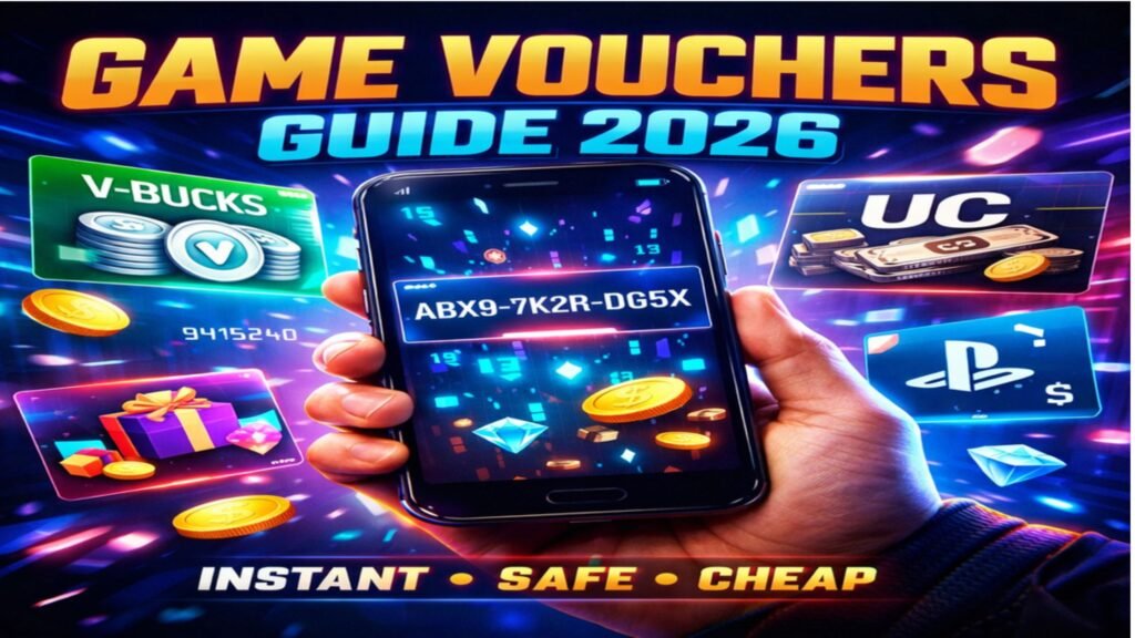 Digital illustration of a gamer holding a smartphone with glowing game voucher codes and gift cards, futuristic gaming interface, neon lights
