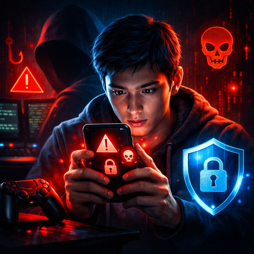 online gaming scams prevention tips showing gamer facing scam alerts and cybersecurity protection