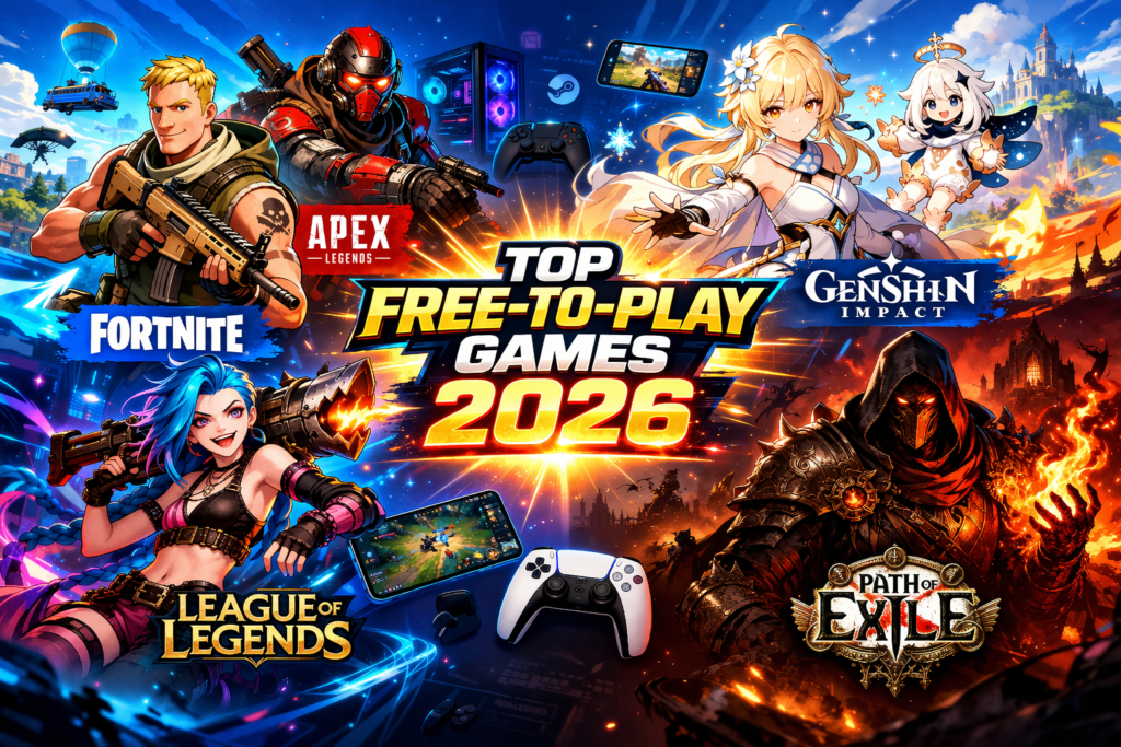 Top 10 free-to-play games in 2026 including Fortnite, Apex Legends, and Genshin Impact