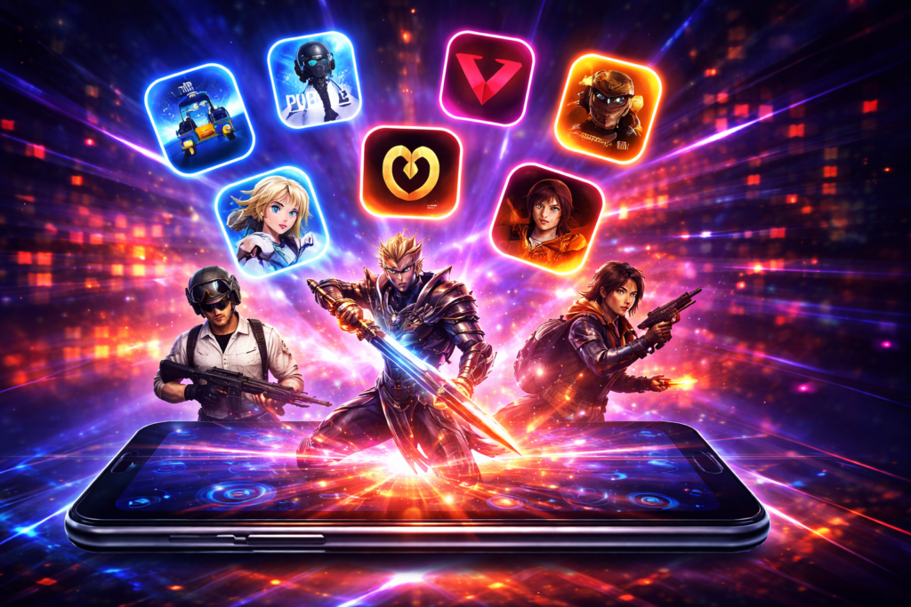 Futuristic mobile gaming scene with upcoming 2026 Android and iOS games displayed above glowing smartphone