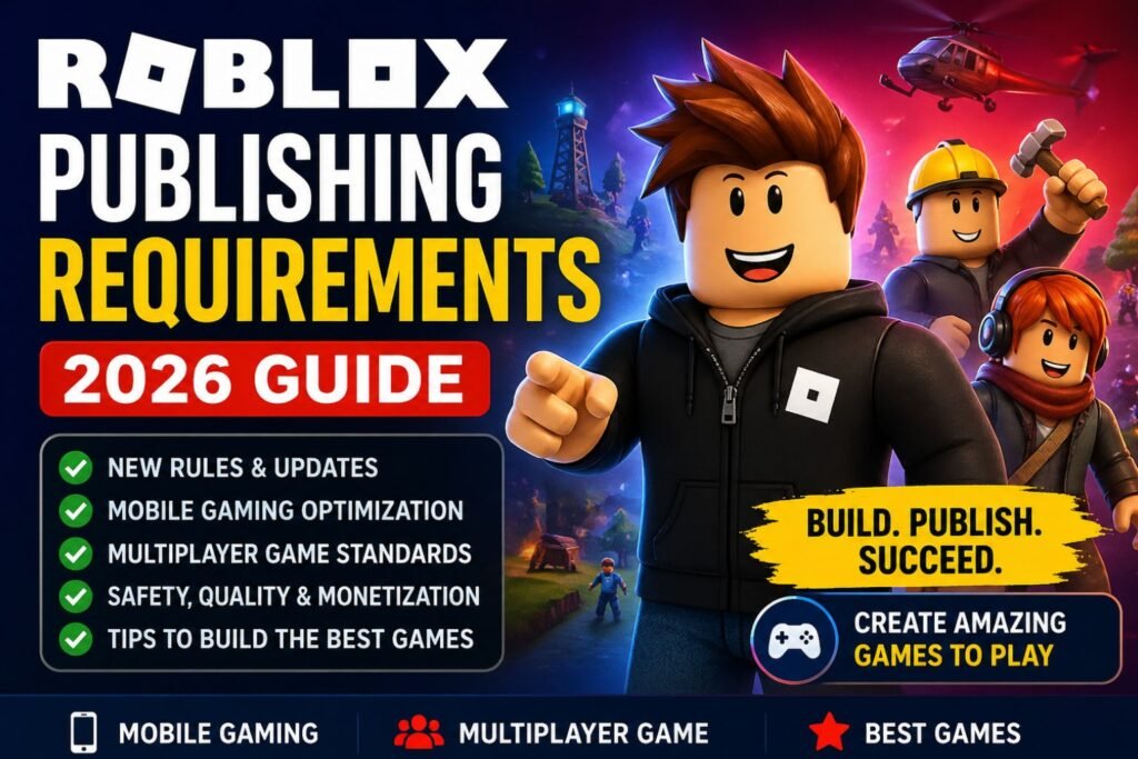 Roblox publishing requirements 2026 guide thumbnail showing mobile gaming, multiplayer game development, and best games tips
