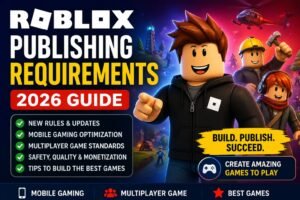 Roblox publishing requirements 2026 guide thumbnail showing mobile gaming, multiplayer game development, and best games tips