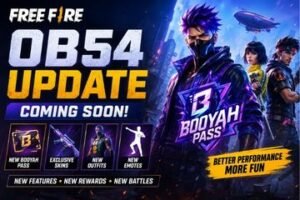 Free Fire OB54 update promotional image featuring the new Booyah Pass, upcoming rewards, weapon skins, and gameplay improvements.