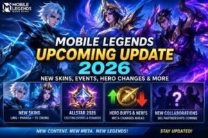 Mobile Legends Upcoming Update 2026 featuring new MLBB skins, ALLSTAR events, hero buffs and nerfs, and upcoming gameplay changes.
