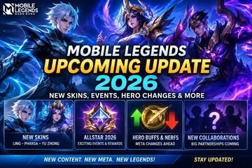 Mobile Legends Upcoming Update 2026 featuring new MLBB skins, ALLSTAR events, hero buffs and nerfs, and upcoming gameplay changes.