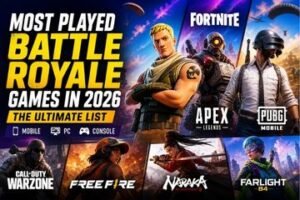 Most played battle royale games in 2026 including Fortnite, Apex Legends, PUBG Mobile, and Warzone