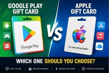 Google Play vs Apple Gift Cards comparison guide showing the differences between Google Play Gift Card and Apple Gift Card for gaming, apps, subscriptions, and digital purchases.