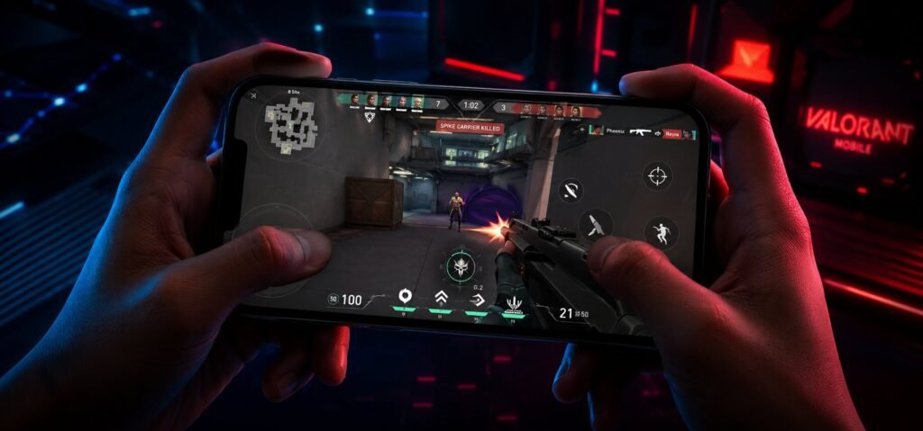 Player playing Valorant Mobile on a smartphone in landscape mode.