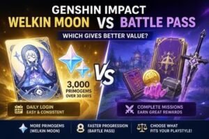 Genshin Impact Welkin Moon vs Battle Pass comparison for Primogems and rewards.